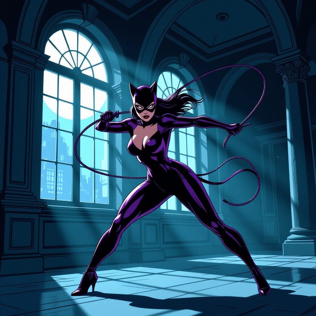 Catwoman in Purple Catsuit with Bullwhip in Museum