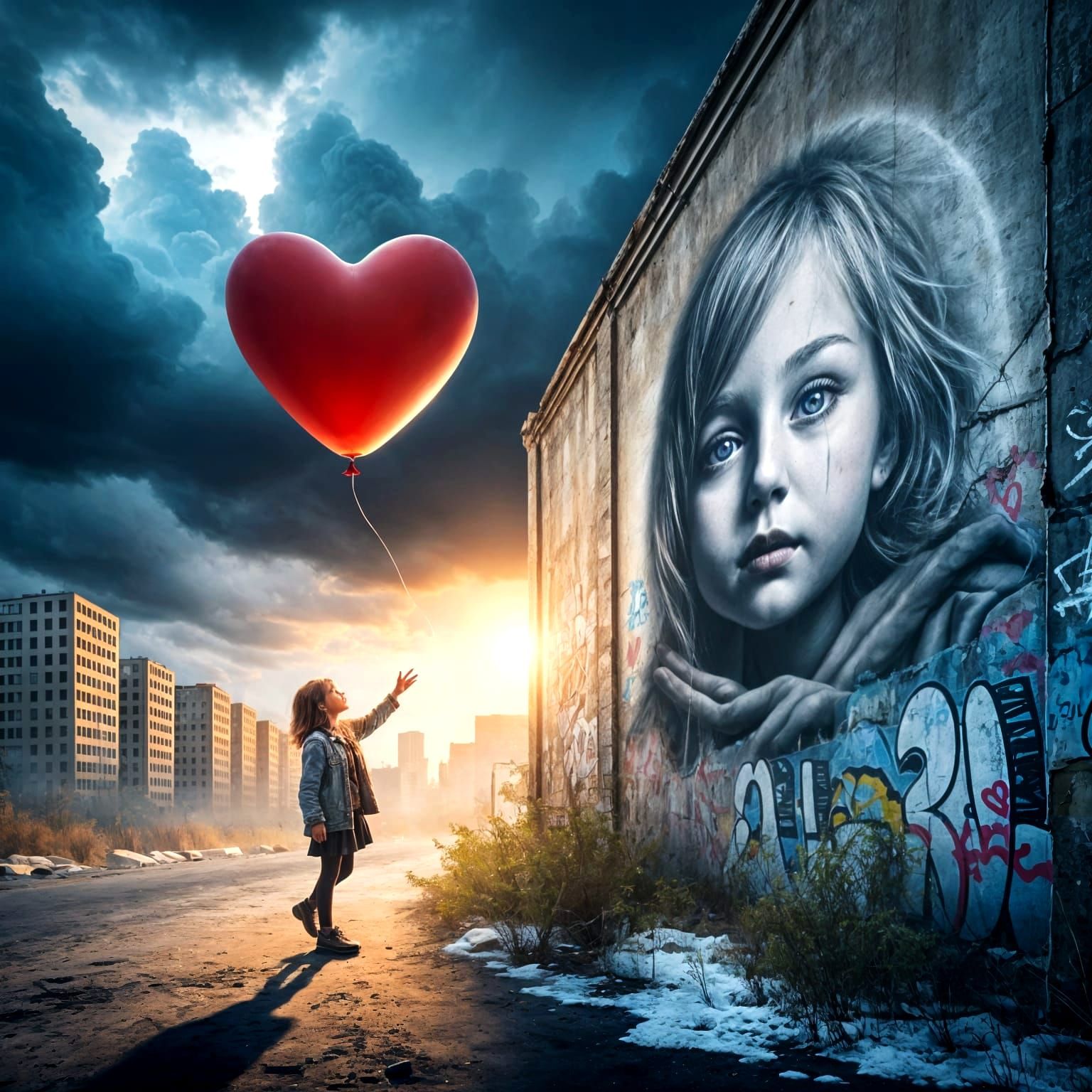 Surreal Girl Reaching for Heart in Dystopian City