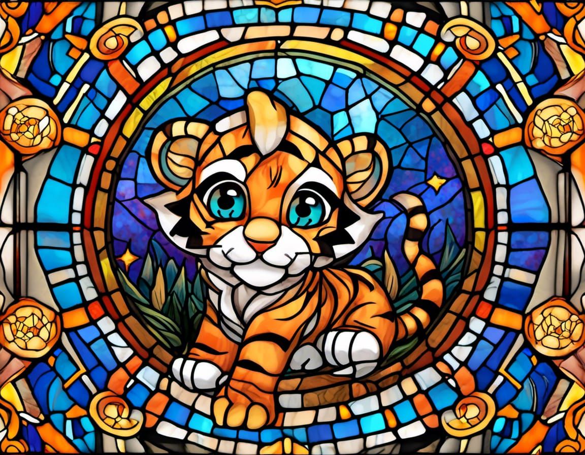 Stained Glass Chibi Tiger Fantasy Illustration