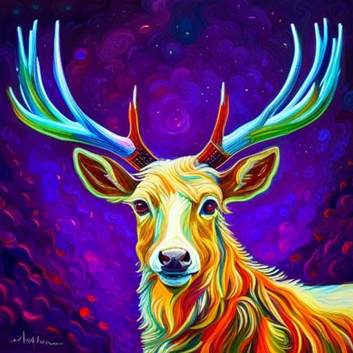 Reindeer with Antlers in Synthwave Neo-Impressionism