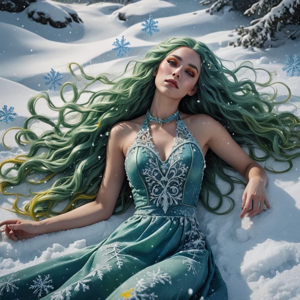 Girl with Green Hair on Snow in Digital Art