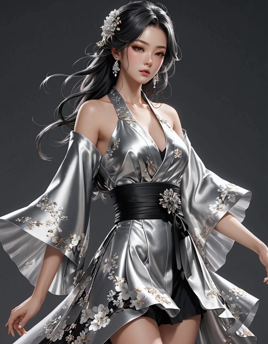 Silver Kimono: 3D Anime Art in 8K Resolution