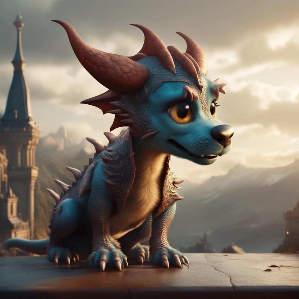 Cute Dog-Dragon Creature: Digital Matte Painting