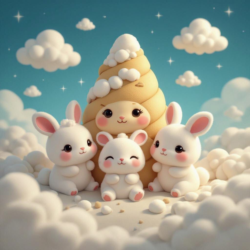 Adorable Kawaii Bunnies in Pastel Clouds, Magical Children's...