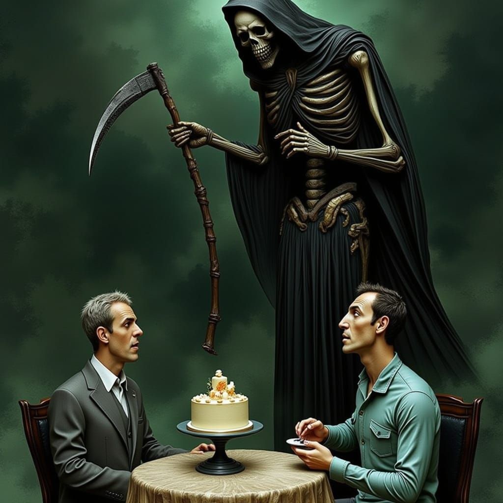 Skeletal Grim Reaper Offers Cake or Death in Dark Comedy