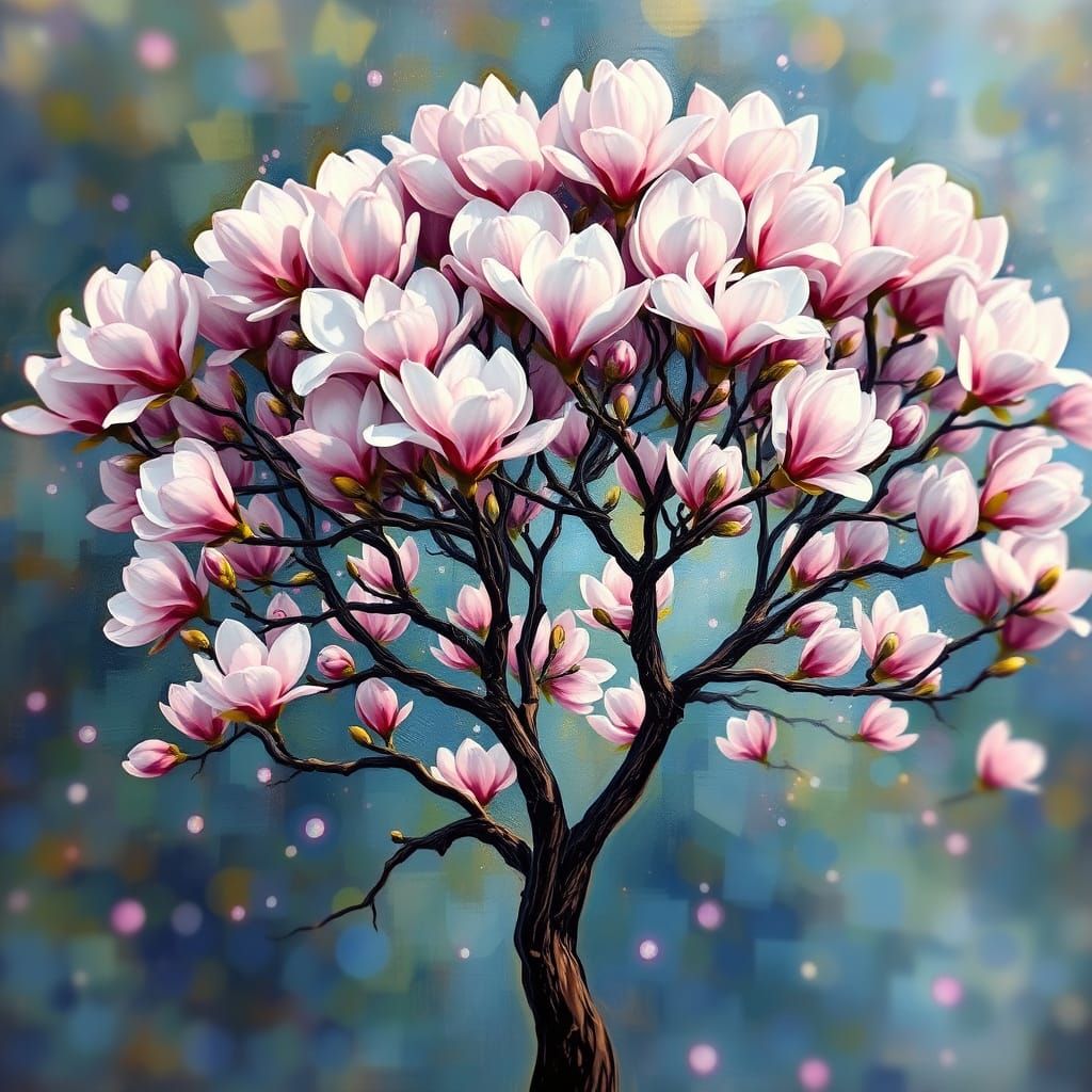 Impressionist Masterpiece: Blooming Magnolia in Vibrant Irid...