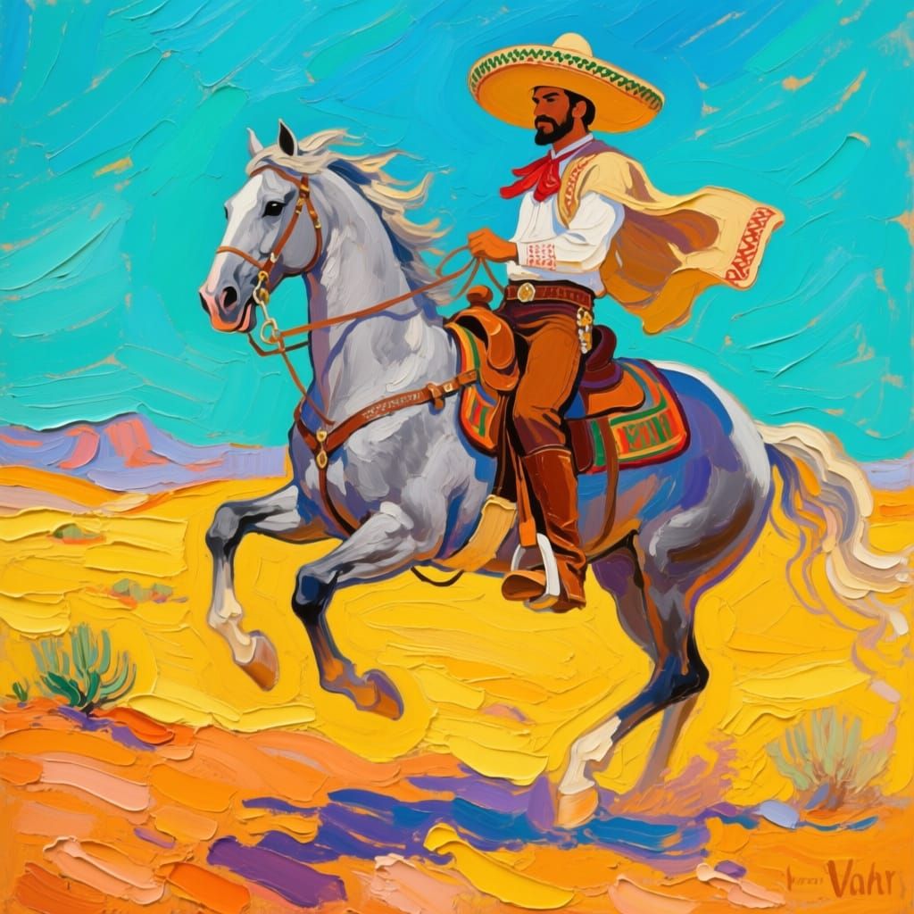 Mexican Bandit Rides Horse in Desert Oil Painting