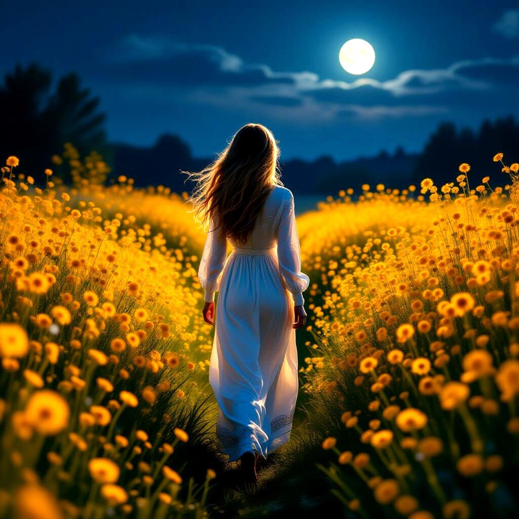 Woman in Glowing Wildflower Garden at Night