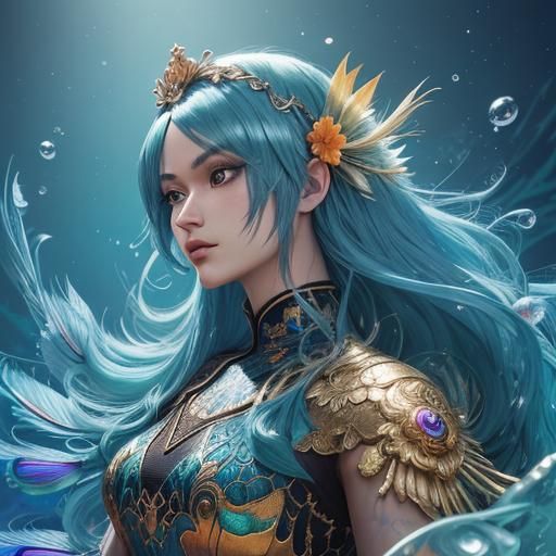 Anime Mermaid with Peacock Tail in 3D Digital Art