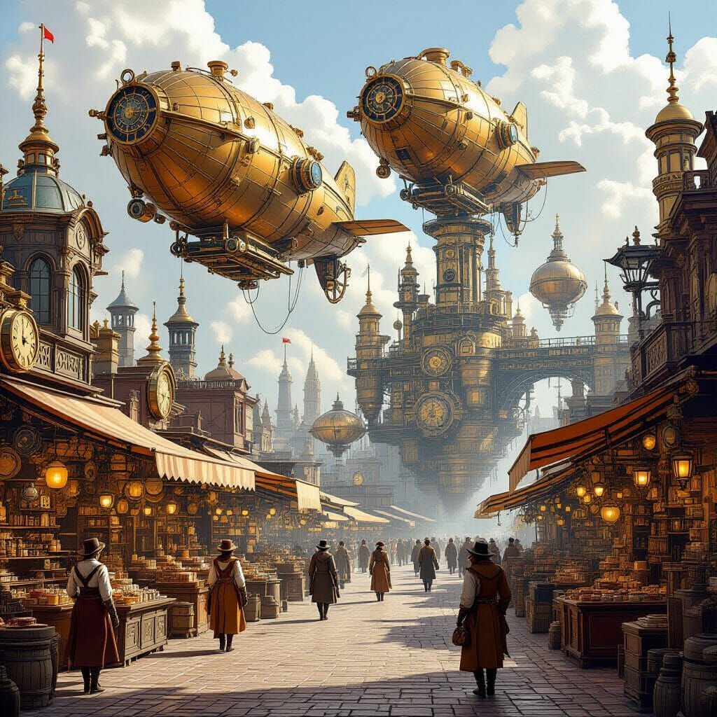 Steampunk Marketplace with Airships and Automatons