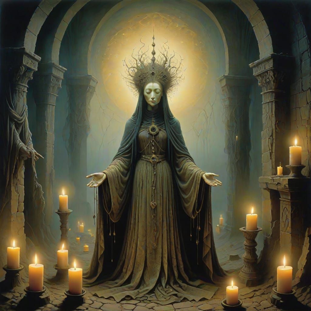 Ethereal Spellweaver in Dimly Lit Chamber