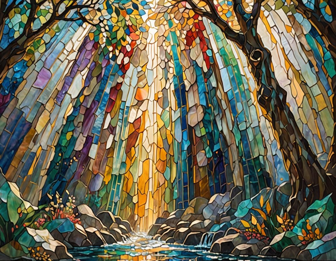 Stained Glass Waterfall in Impressionist Style