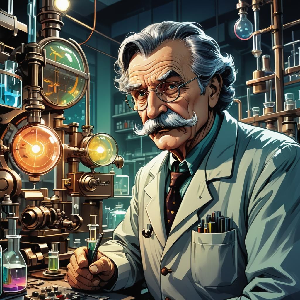 Old Scientist in a Lab, Comic Book Illustration