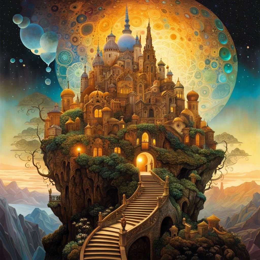 Ethereal Landscape with Crystal Buildings, Klimt Style