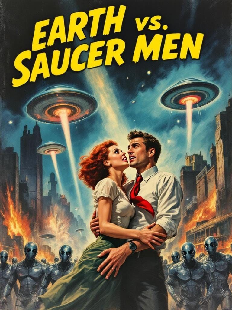 Terrified Couple Witness Sci-Fi Invasion in Pulp Art Style