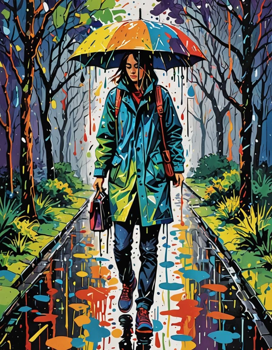 Figure Walking in Rain in Fauvist Style