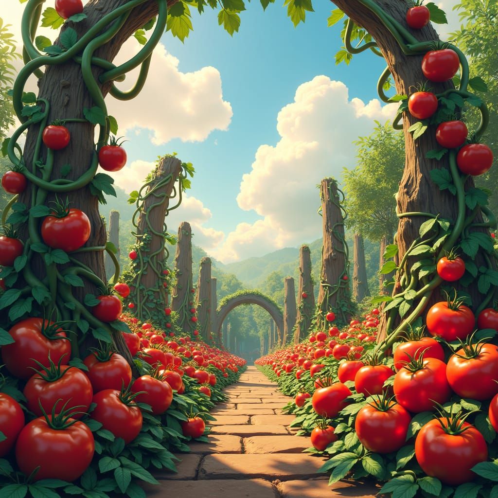 Lush Tomato Garden in a Matte Painting Style