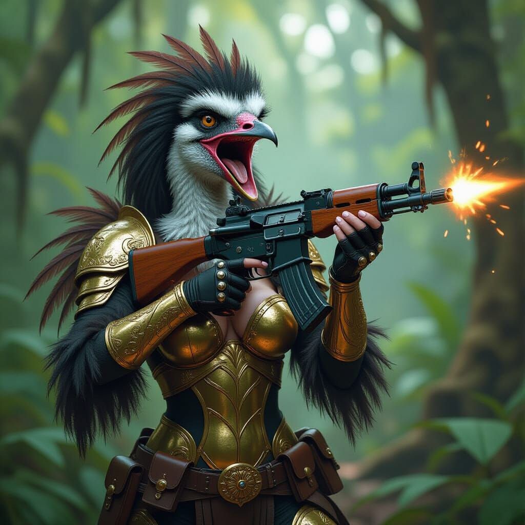 Anthropomorphic Emu Warrior Screams in Alien Jungle