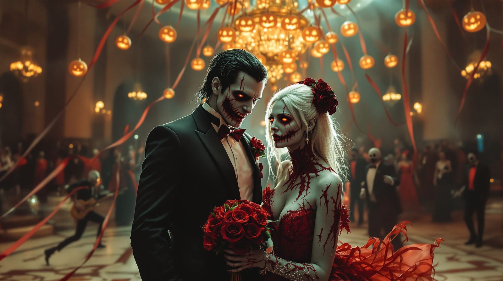 Zombie Prom Night Couple in Candlelit Ballroom
