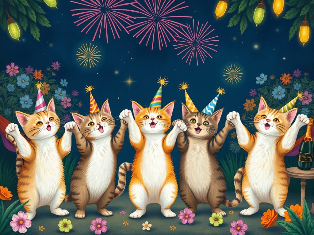 Festive Cats Celebrate in Whimsical Garden