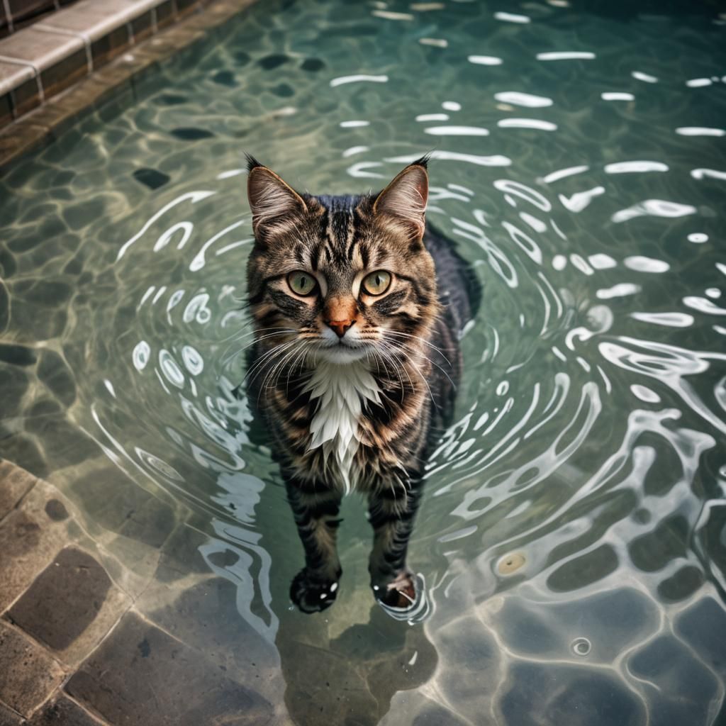 Hyperrealistic Cat Relaxing in Swimming Pool