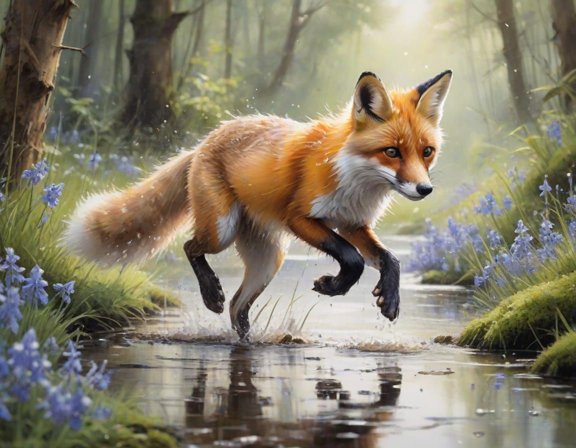 Fox Kit's Rainy Dance: Watercolor in Amber and Emerald