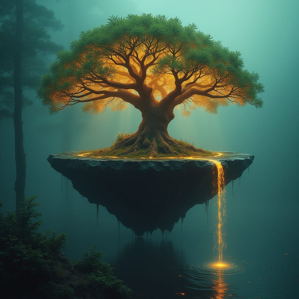 Cyberpunk Oak Blooms on Obsidian Island in Radiant Neon Glow