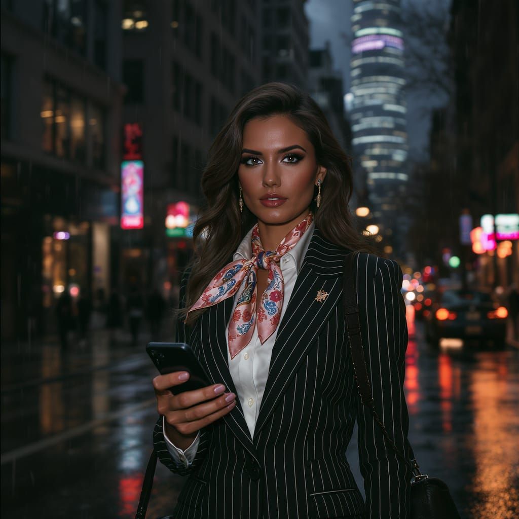Businesswoman on Rainy City Street at Dusk