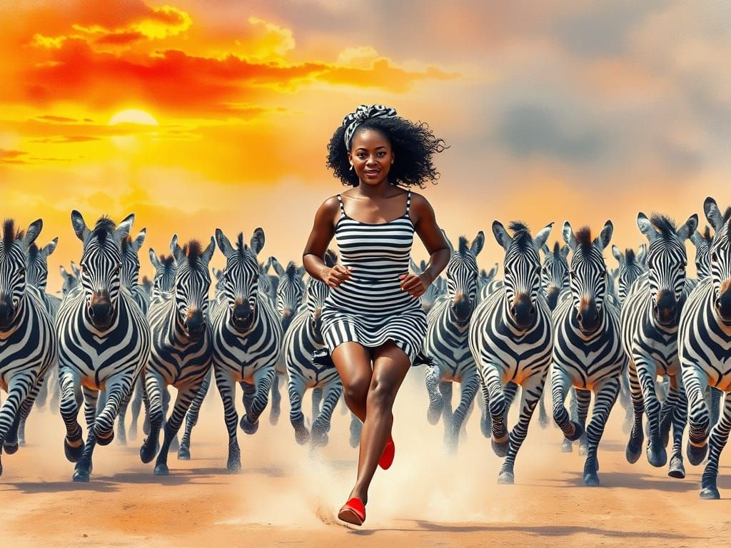 Dynamic Watercolor of Woman Running with Zebras