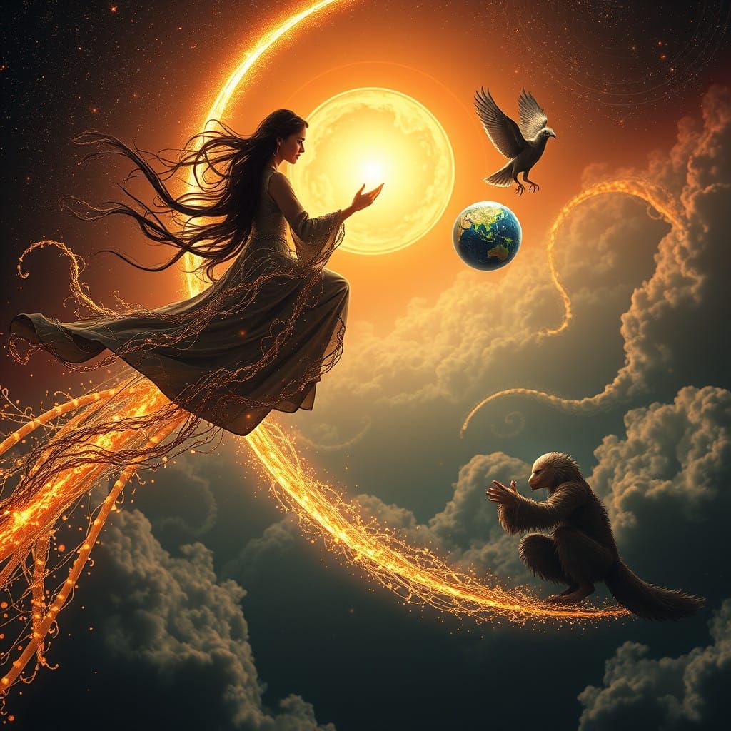 Surreal Cosmic Goddess Rides Comet's Luminous Tail Amidst Wh...