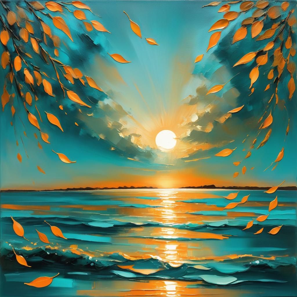 Teal and Orange Autumn Sunset Landscape Painting