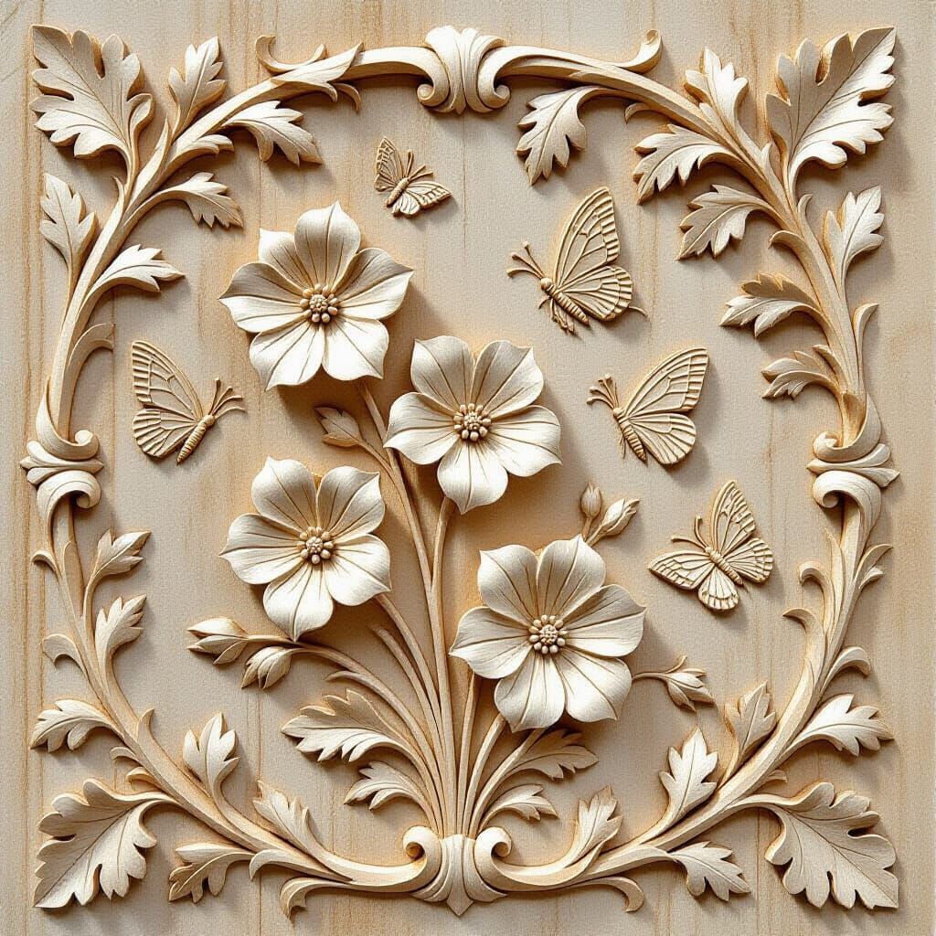 Detailed Wood Bas-Relief of Woodland Flowers and Butterflies