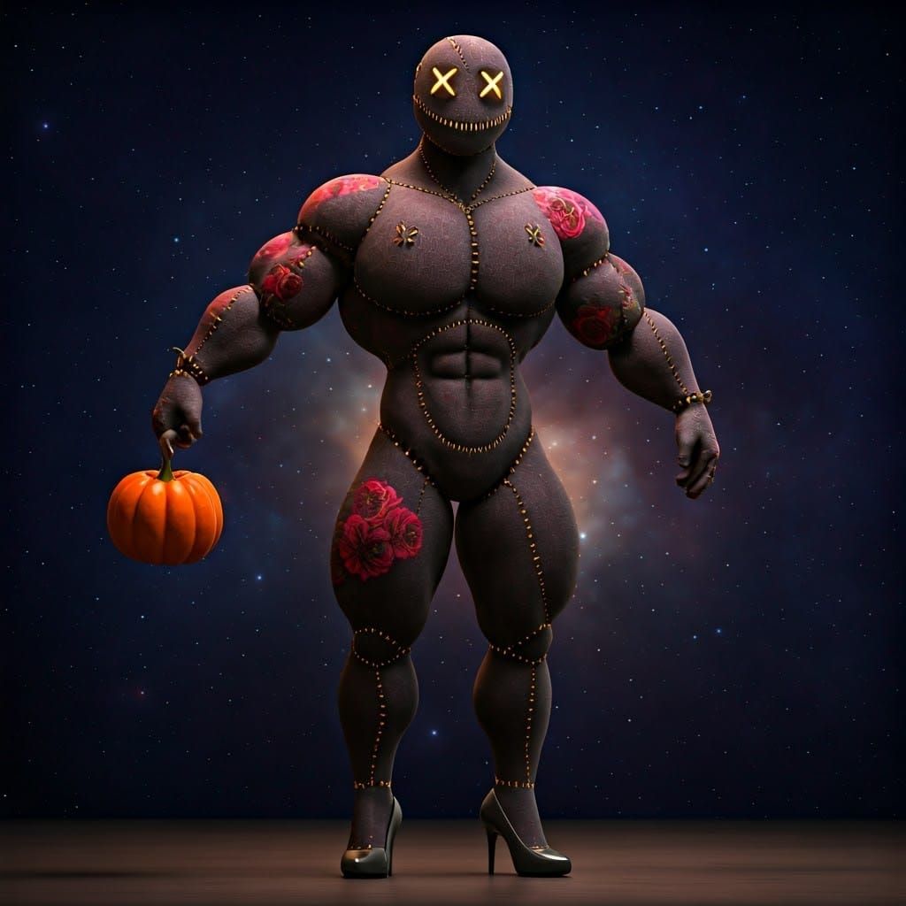 Muscular Voodoo Doll with Pumpkin, Whimsical Style