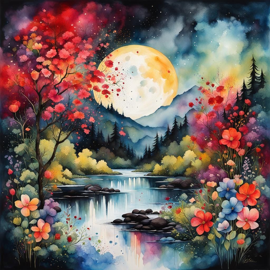 Whimsical Ink Splatter Art of Lush Summerscape Under Moonlig...