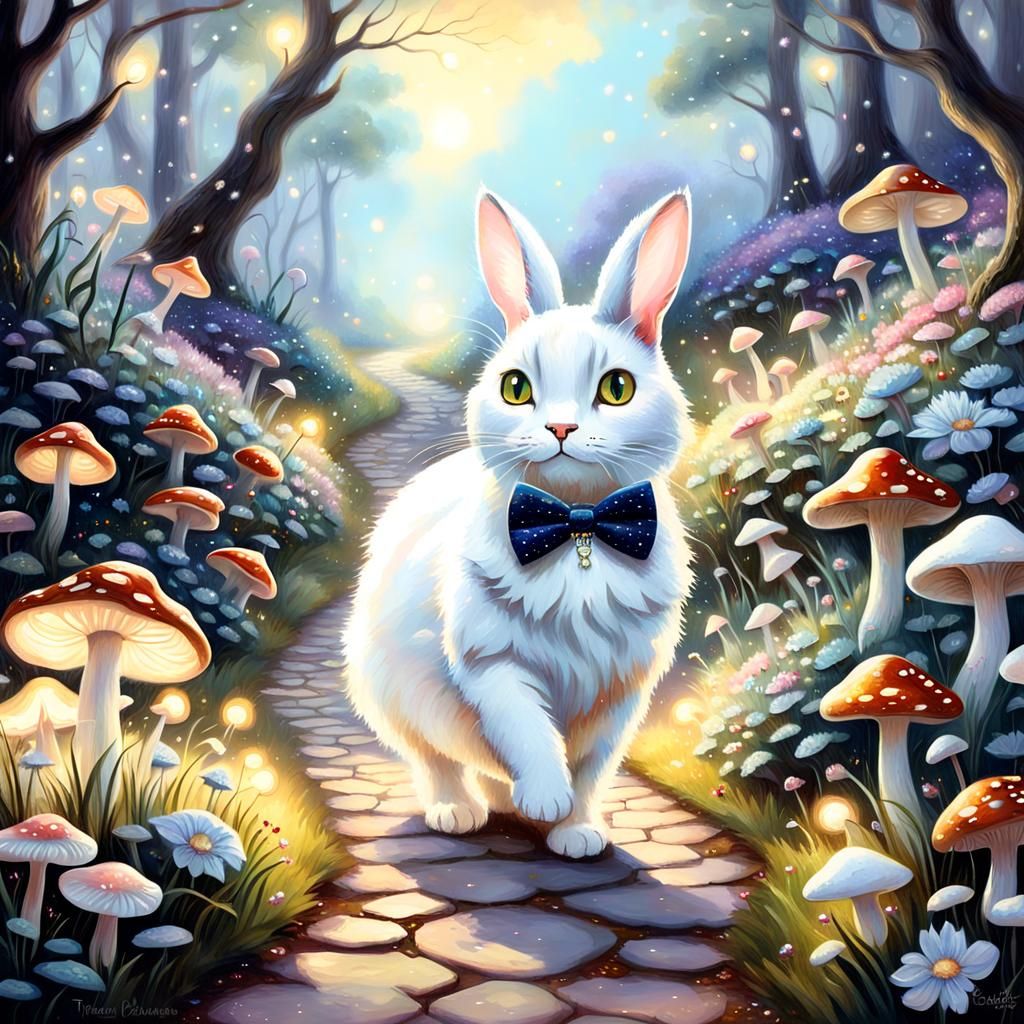 Enchanting Cat Follows Rabbit in Dreamlike Garden