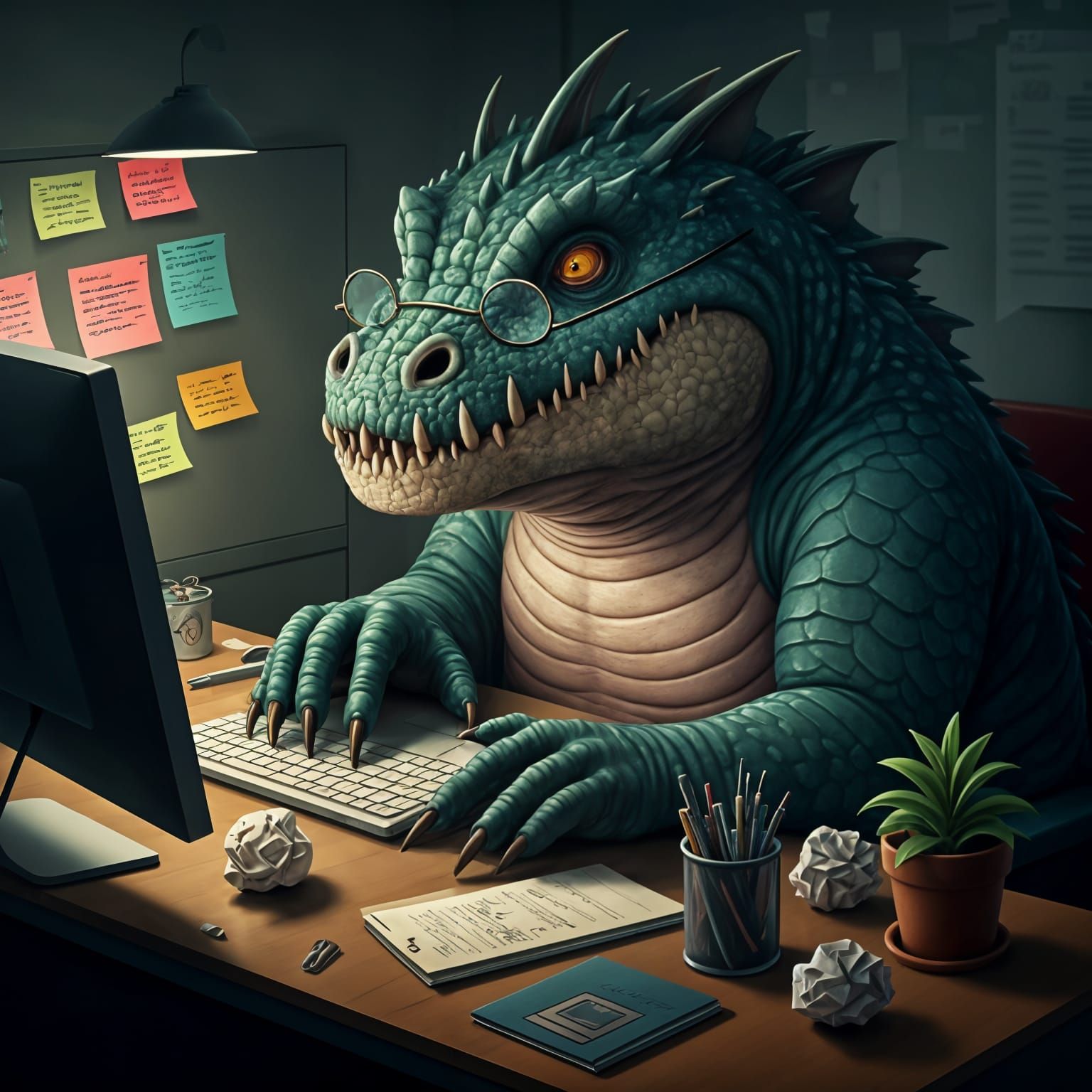 Humorous Monster in Office Cubicle
