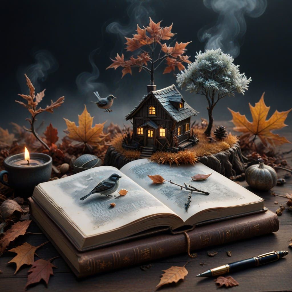 Miniature Autumn Book Scene with Frost and Birds