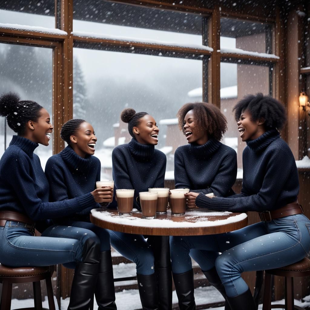 Black Women Enjoying Hot Chocolate in Snowy Bar