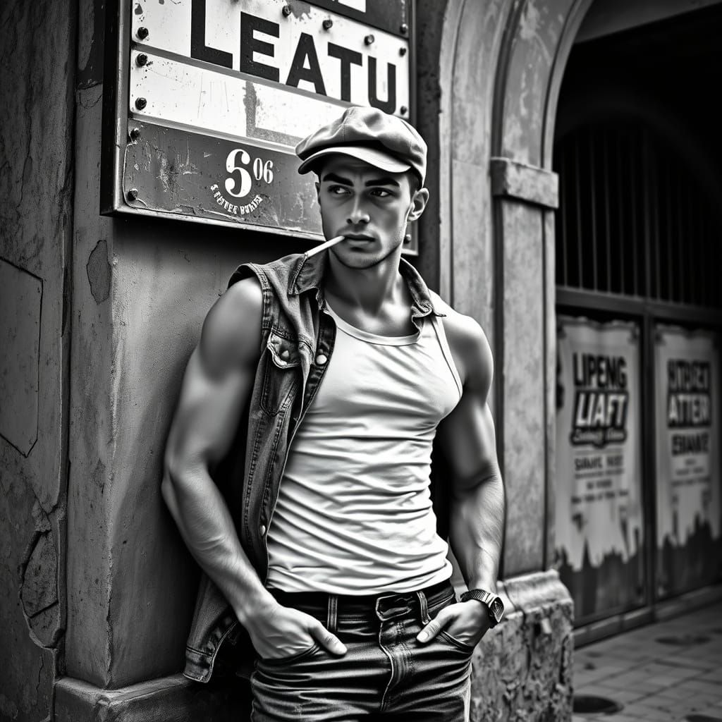 Dashing Young Man Leans Against Weathered Theater