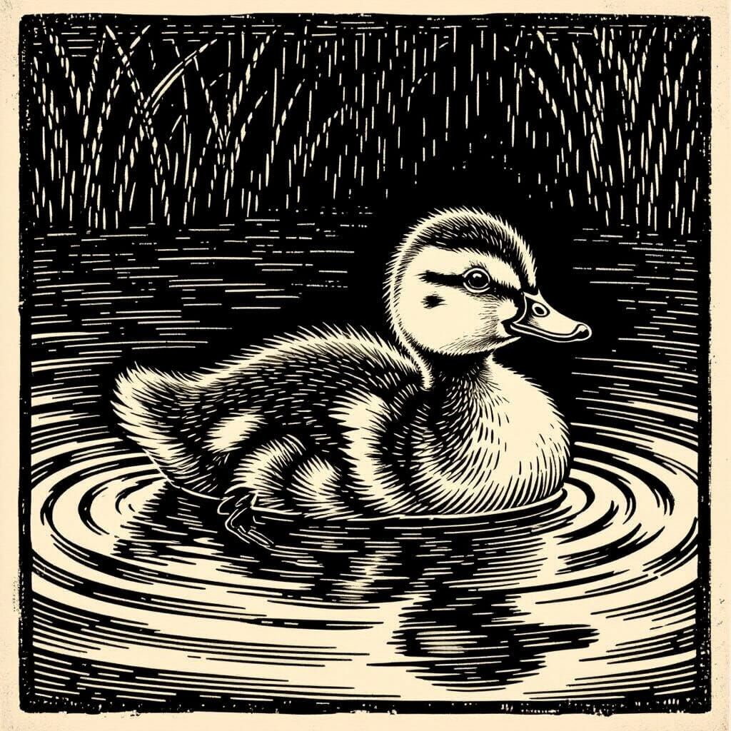 Vintage Woodcut Duckling Swimming in Pond