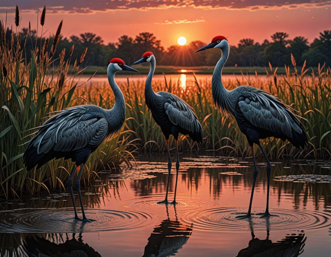 Two Manchurian Cranes in Sunset Reflection