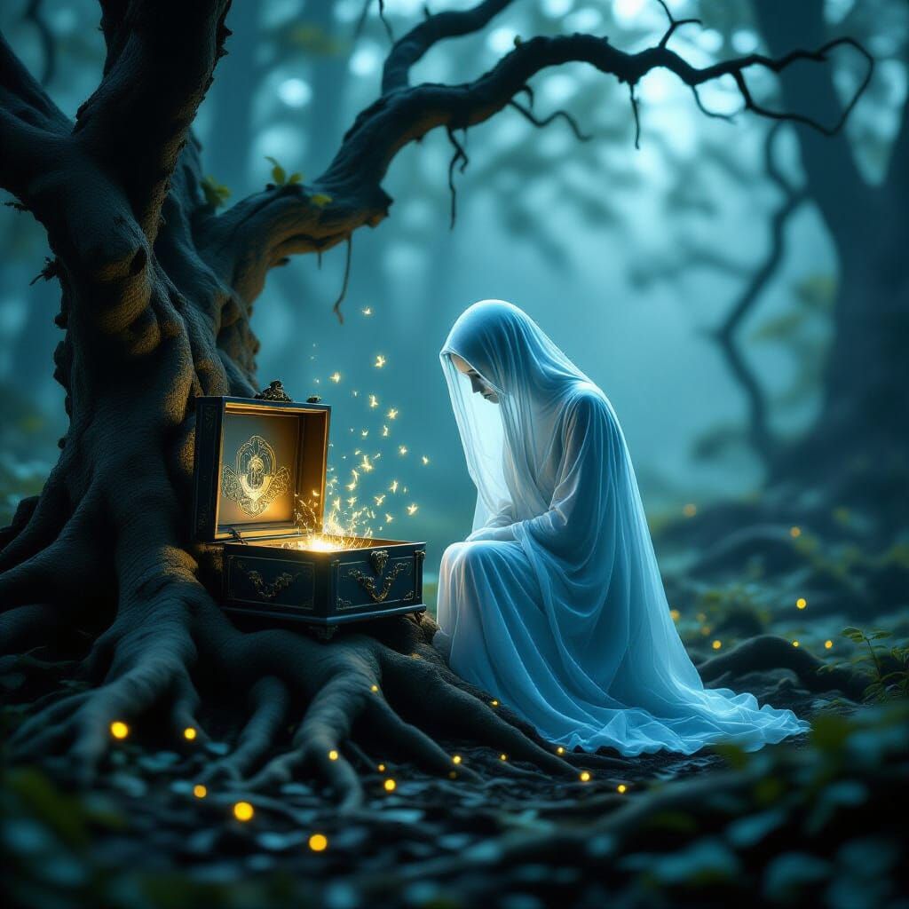 Ethereal Spirit Listens to Music Box Melody in Foggy Forest
