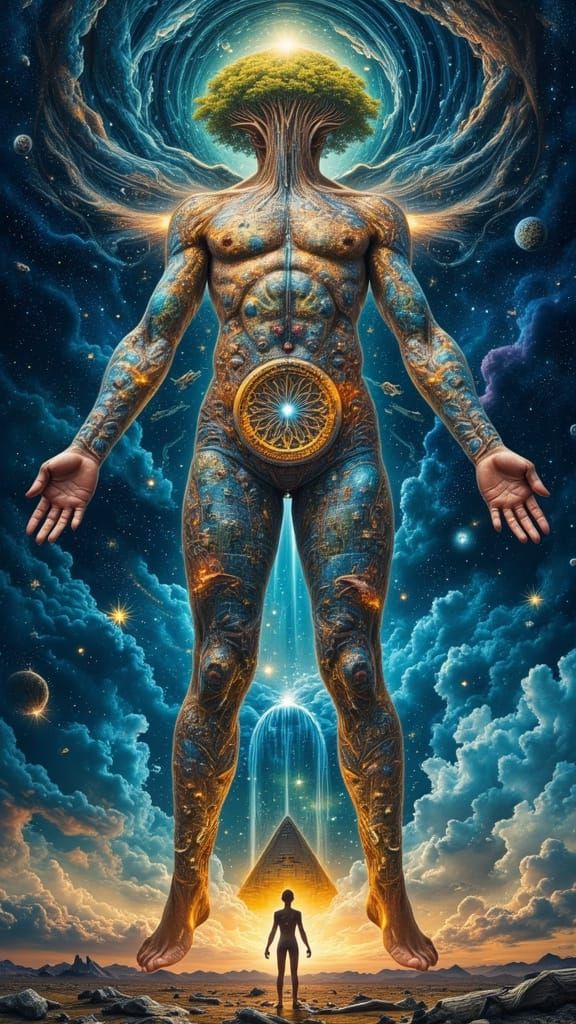 Human Figure Embodies Cosmic Tapestry in Renaissance-Inspire...