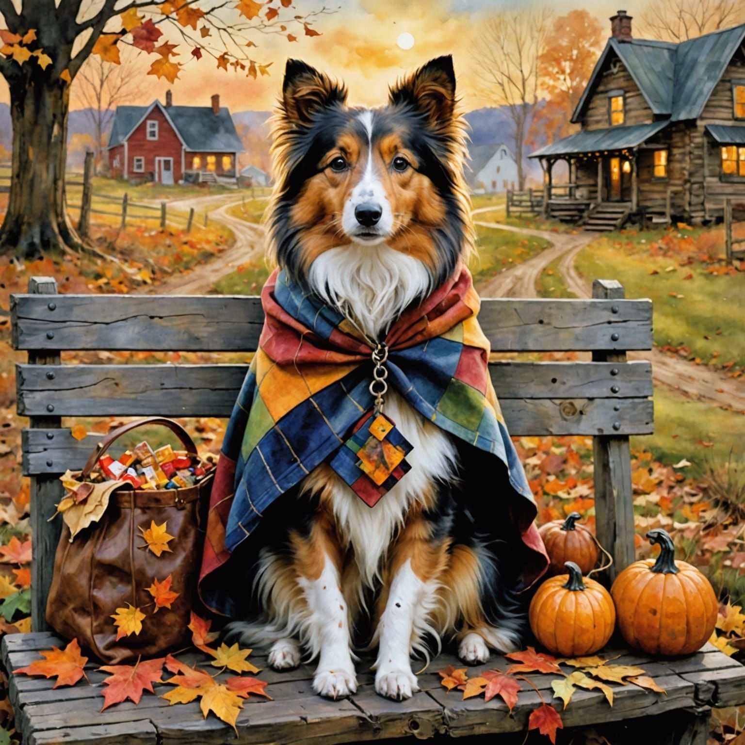 Sheltie Dog in Hobo Halloween Costume at Dusk