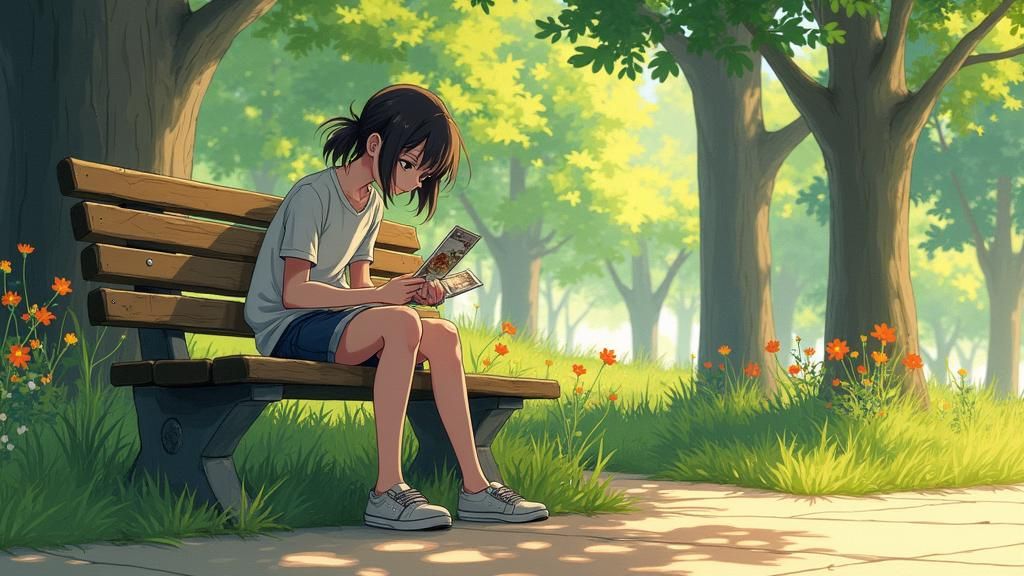 Melancholic Anime Character in Park with Golden Light