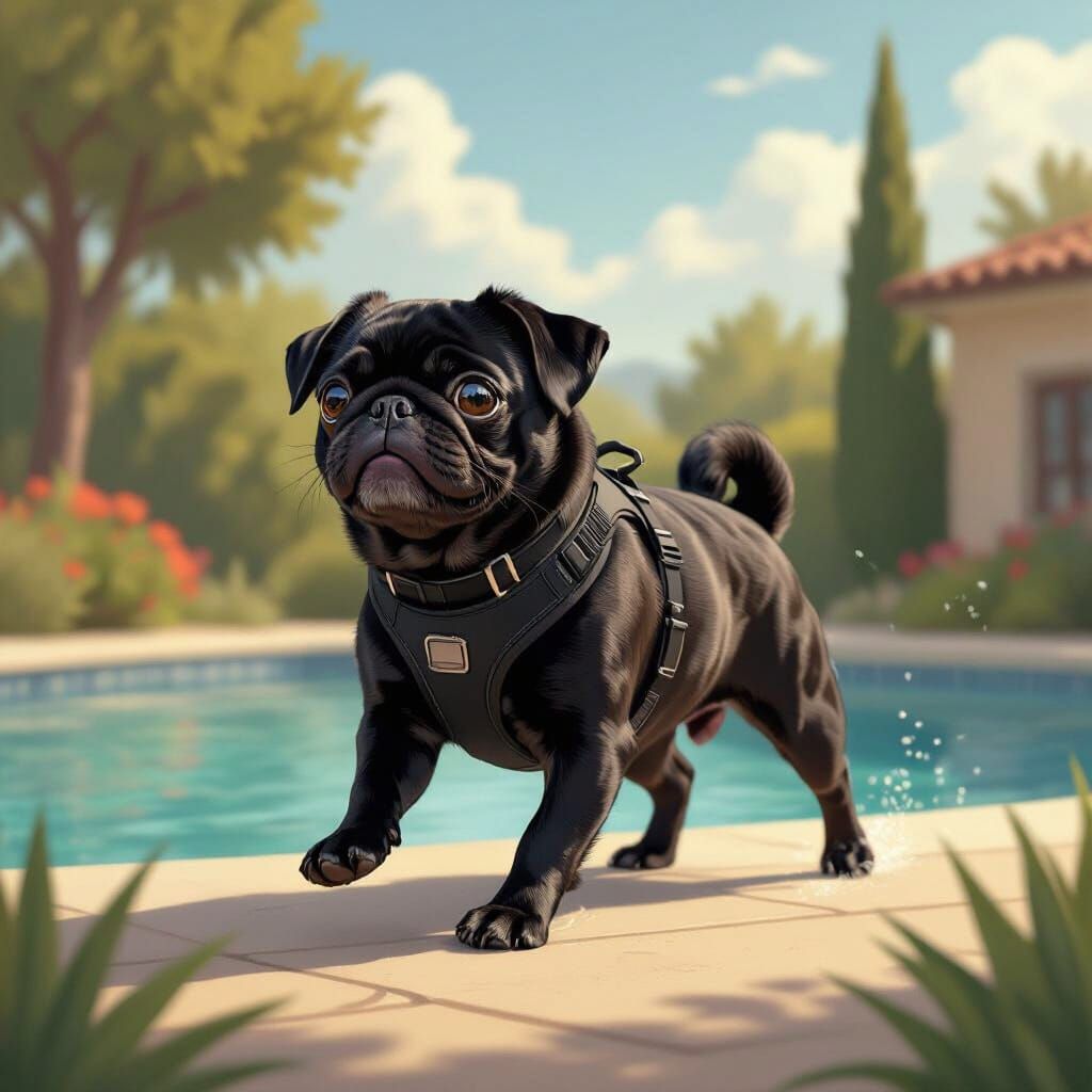 Black Pug Running Freely in Wildlife Illustration Style