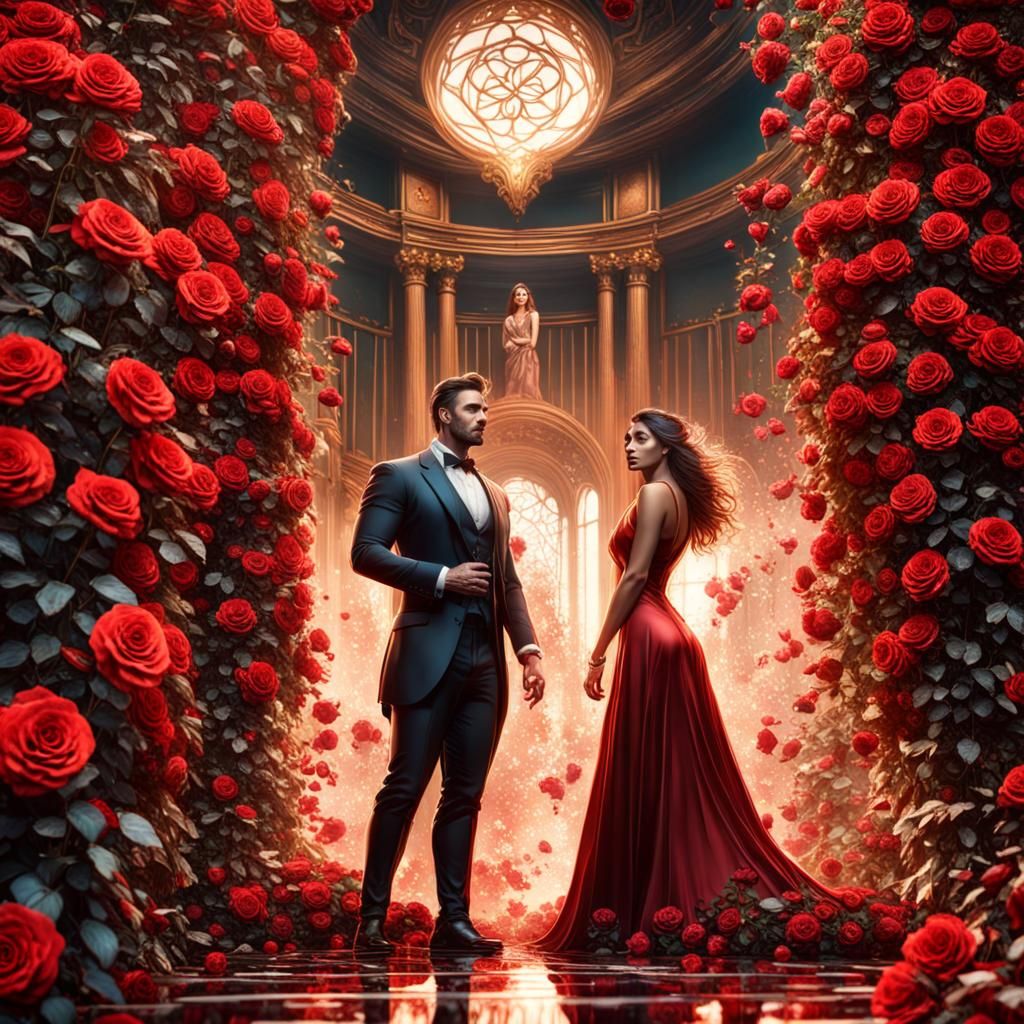 Romantic Encounter Amidst Red Roses: A Matte Painting