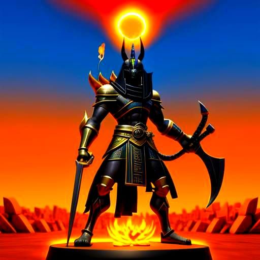 Anubis with Khopesh Before Flaming Sun in 3D