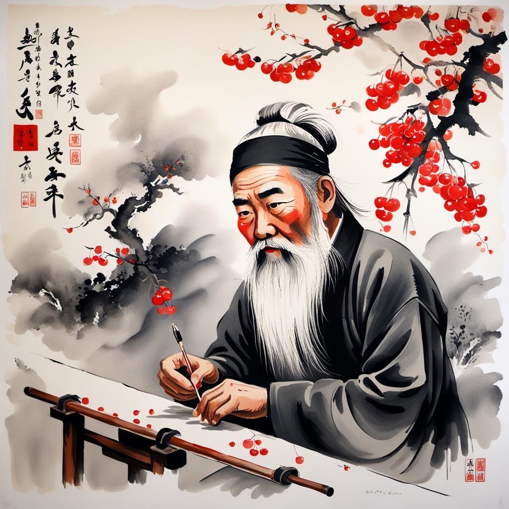 Chinese Ink Painter Creating Cherry Art