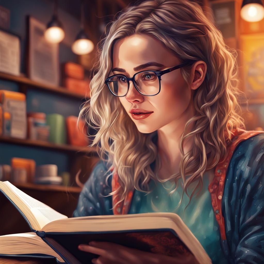 Young Woman Reading Book in Coffee Shop: Hyperrealistic Art